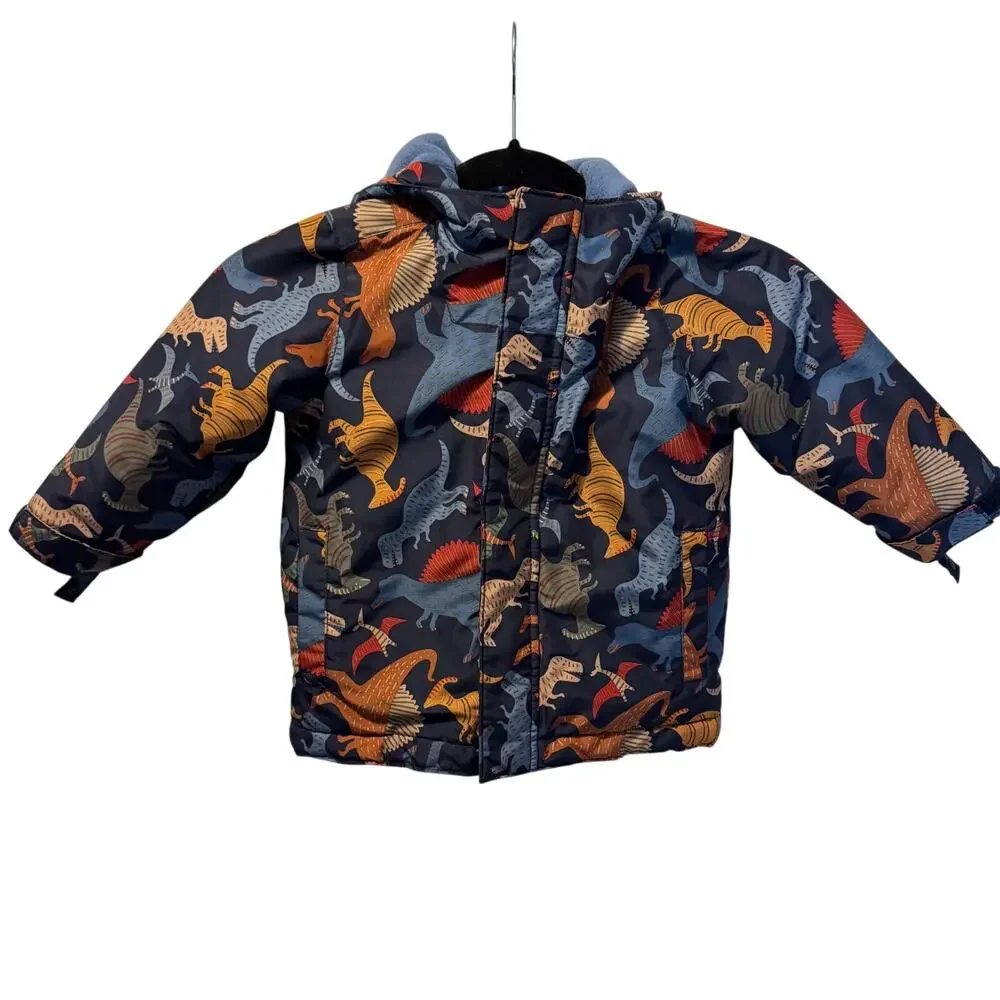 The Children's Place 2T Dinosaur Puffer Jacket Hooded Winter Coat Blue Orange